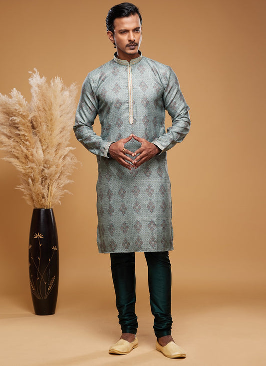 Digital Print Art Silk Green Kurta Pyjama - M6039