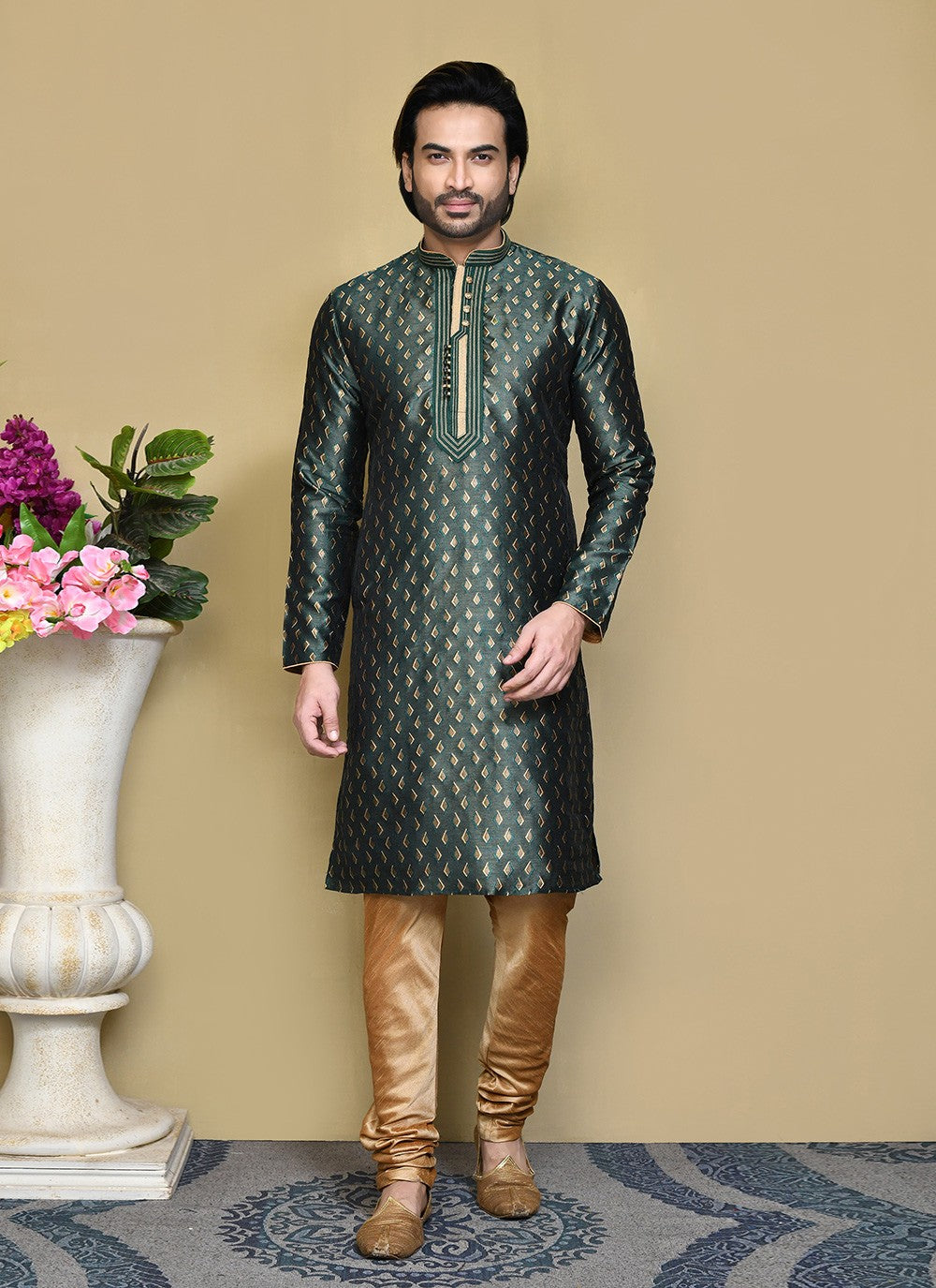 Resham Art Silk Green Kurta Pyjama - M7833