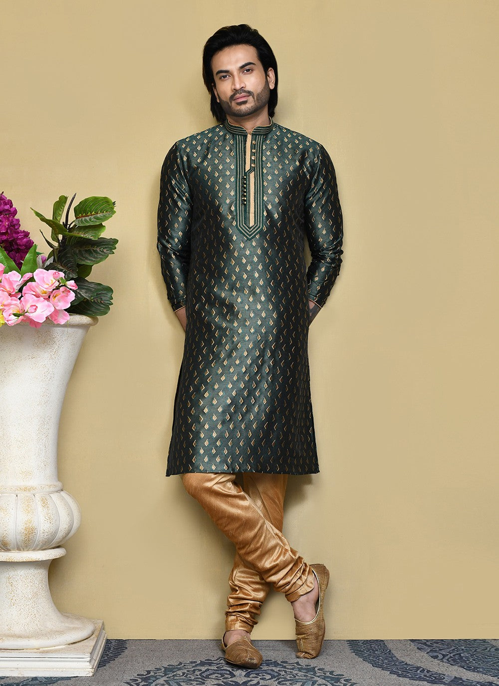 Resham Art Silk Green Kurta Pyjama - M7833