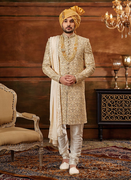 Hand Embroidery Art Silk Beige Sherwani - M4293