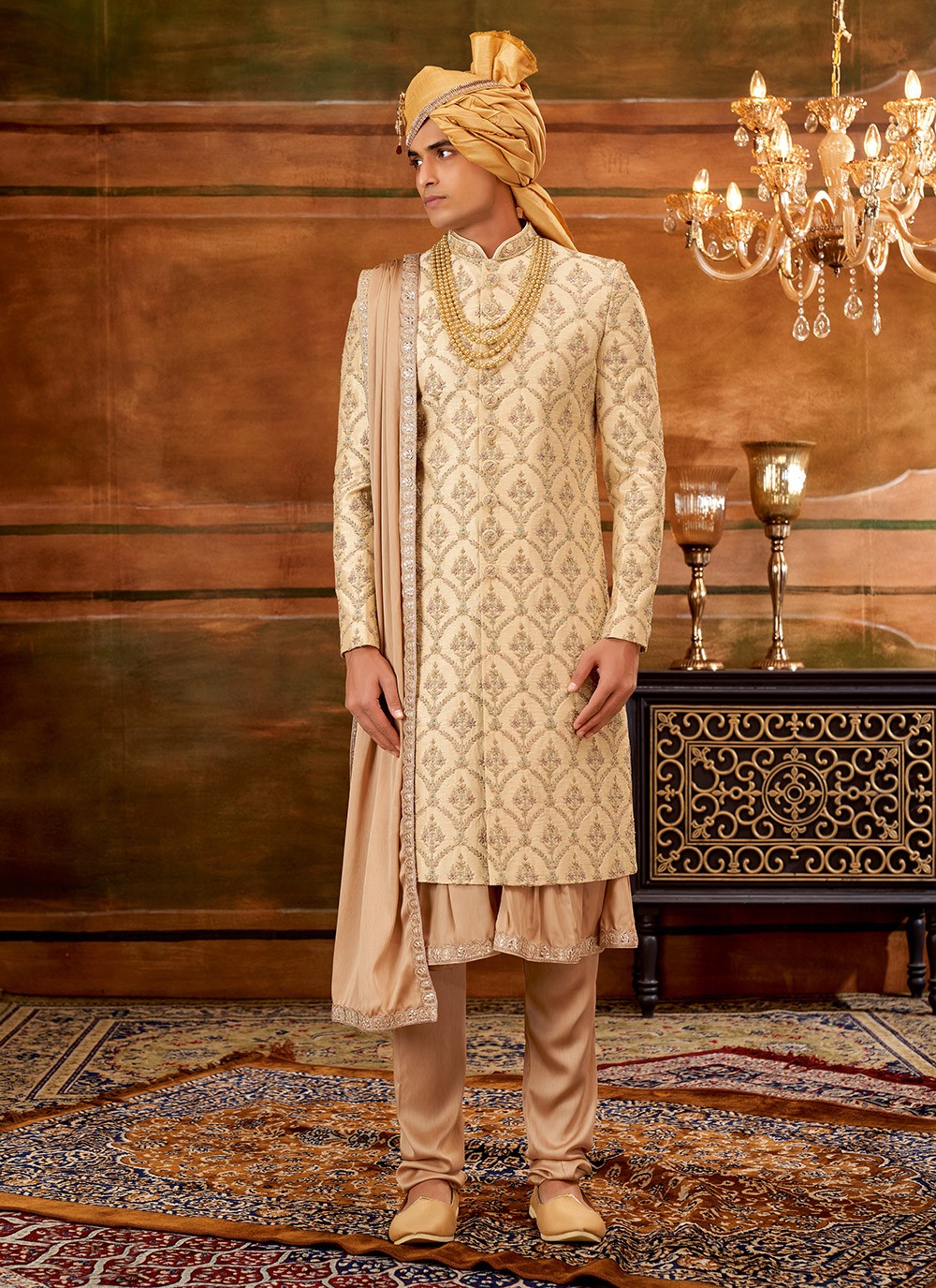 Hand Embroidery Art Silk Beige Sherwani - M4304