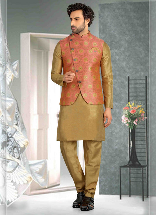 Plain Art Silk Brown Kurta Payjama With Jacket - M1712