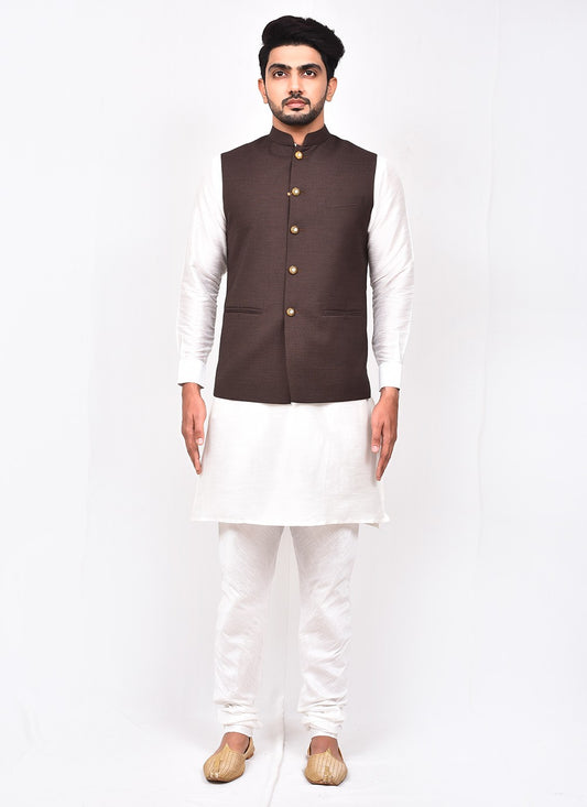 Buttons Art Silk, Rayon Brown, White Kurta Payjama With Jacket - M3276