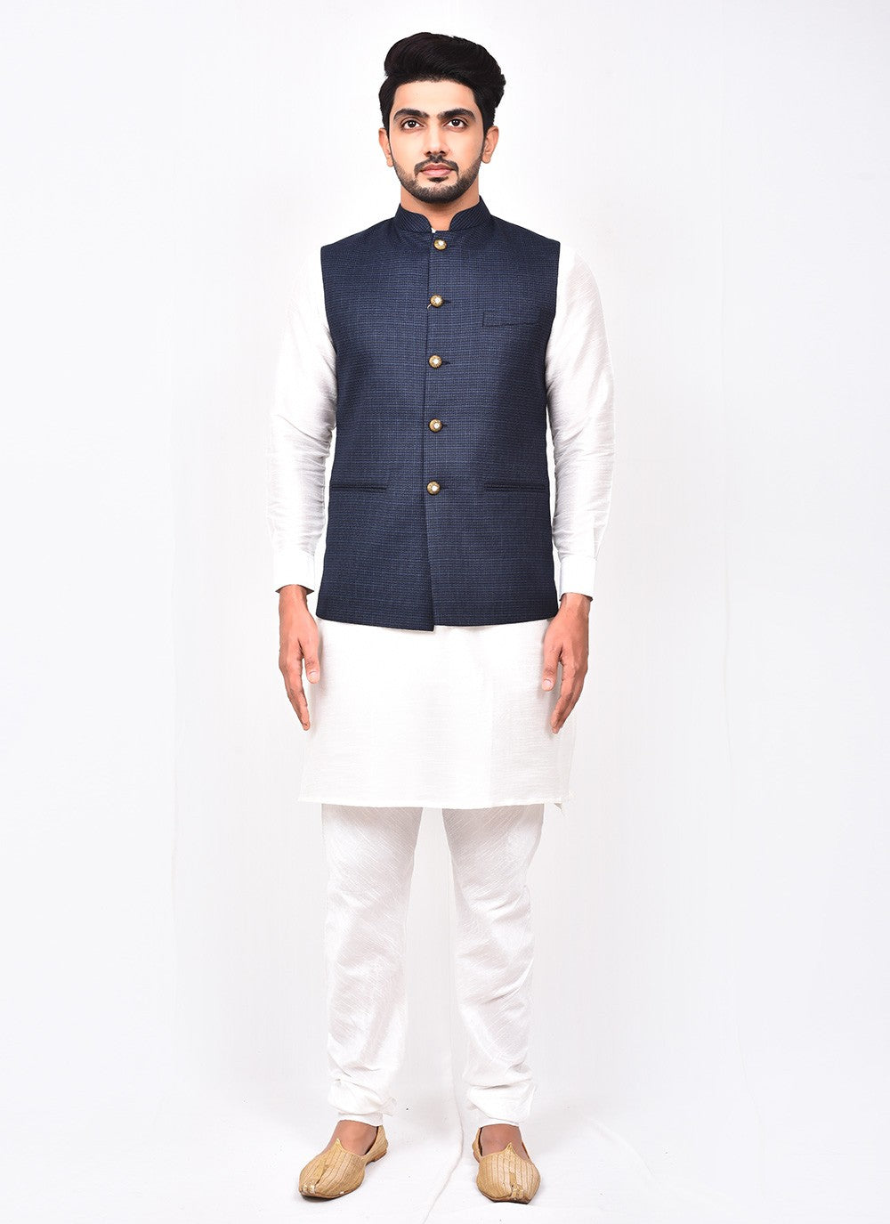 Buttons Art Silk, Rayon Grey, White Kurta Payjama With Jacket - M3274