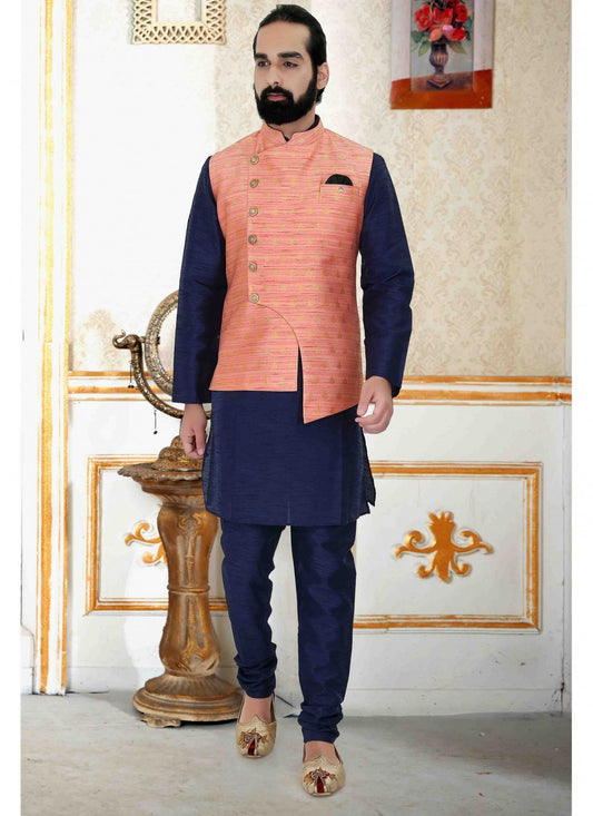 Plain Art Silk Navy Blue Kurta Payjama With Jacket - M1706