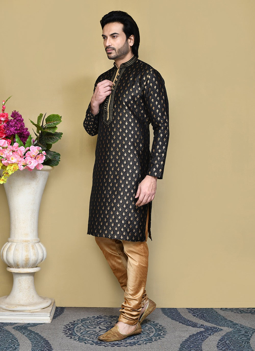 Resham Art Silk Black Kurta Pyjama - M7832