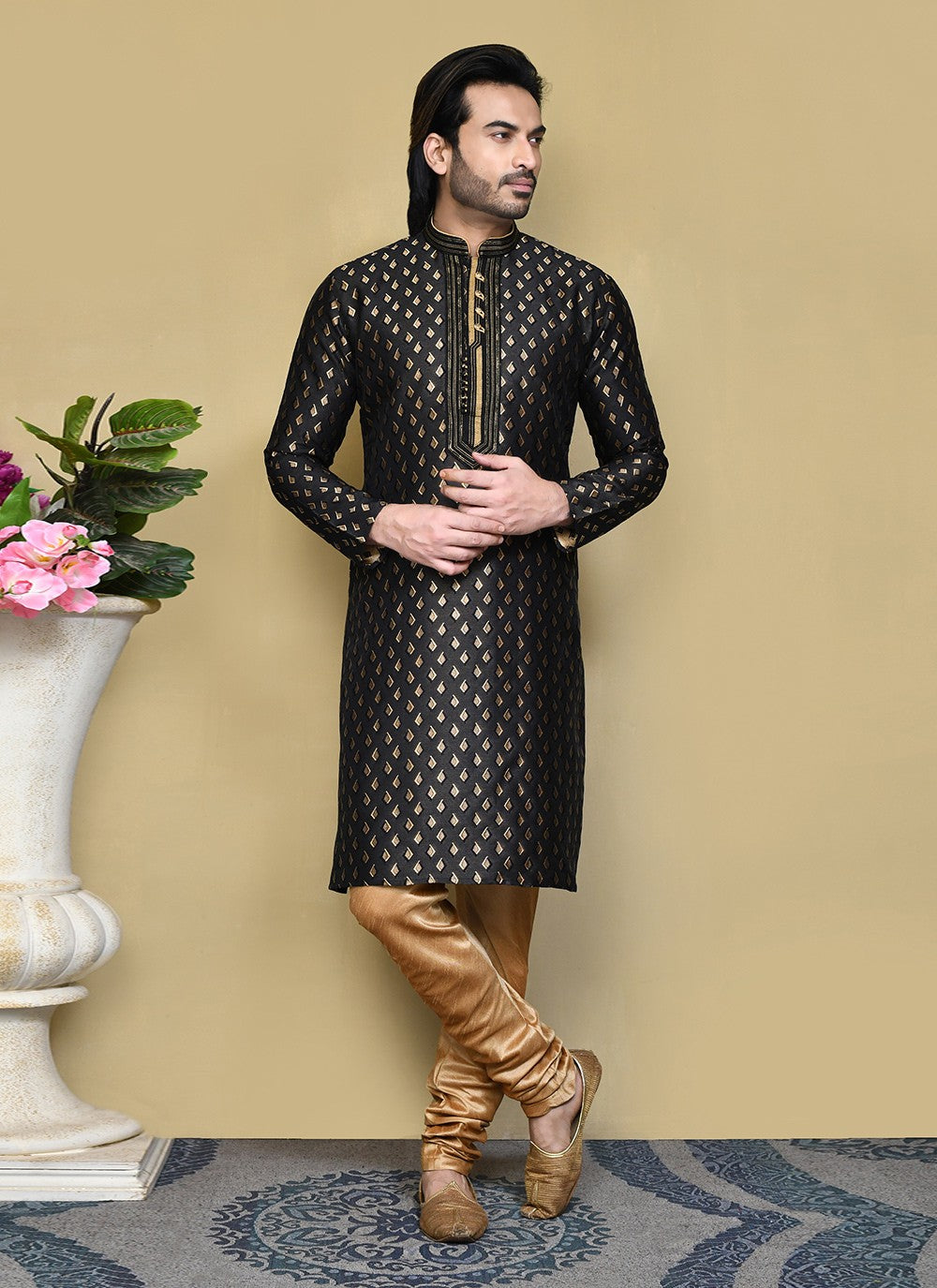 Resham Art Silk Black Kurta Pyjama - M7832