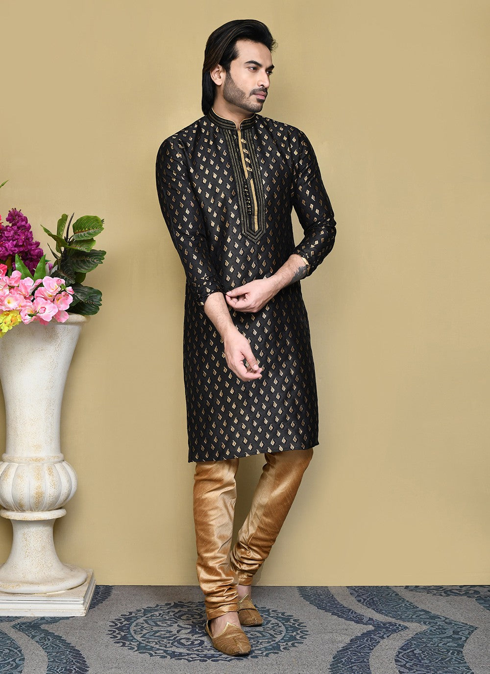 Resham Art Silk Black Kurta Pyjama - M7832