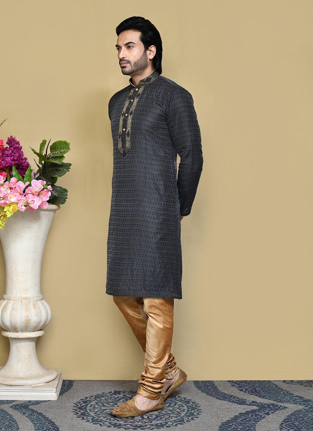 Resham Art Silk Black Kurta Pyjama - M7840