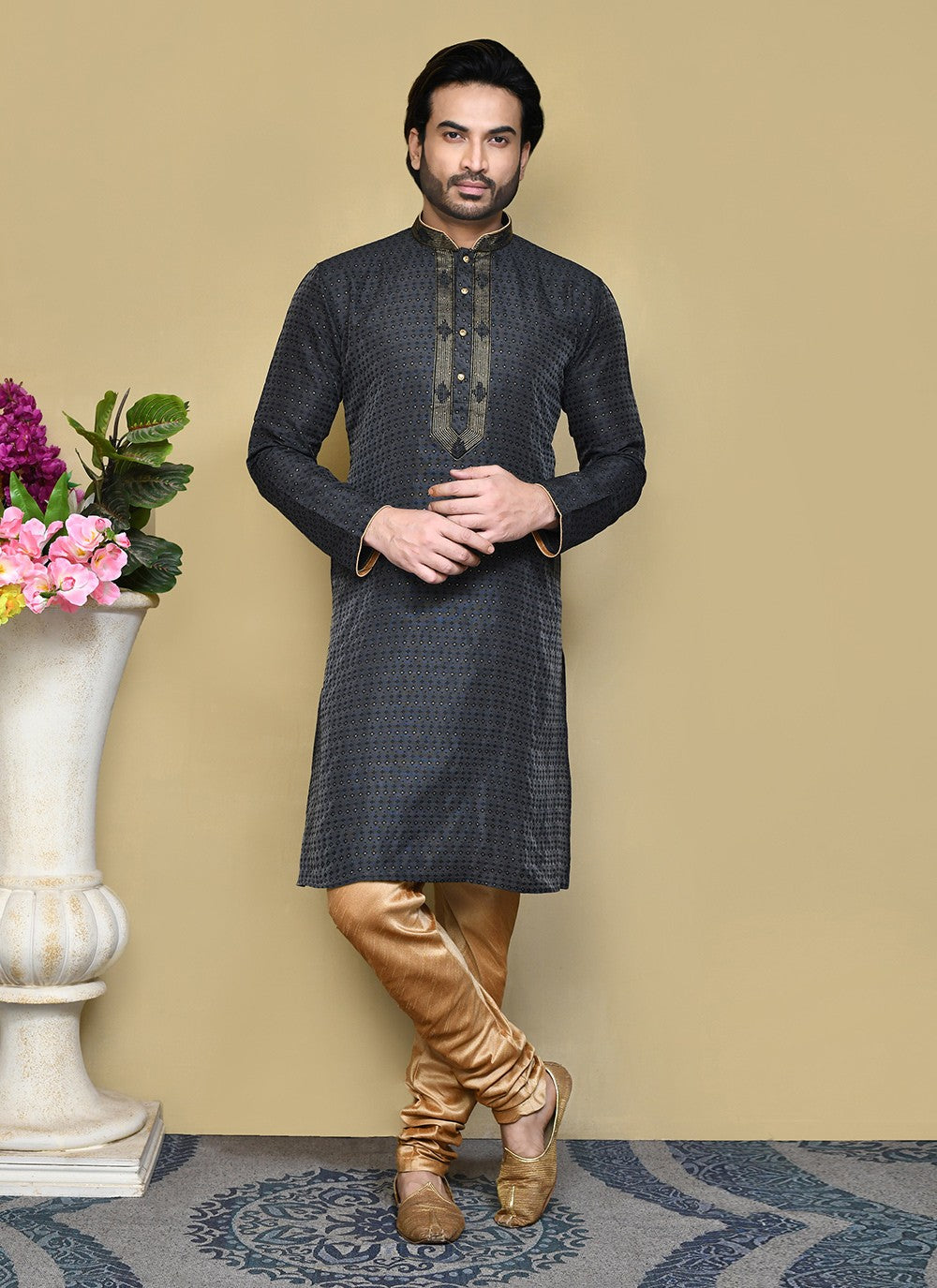 Resham Art Silk Black Kurta Pyjama - M7840