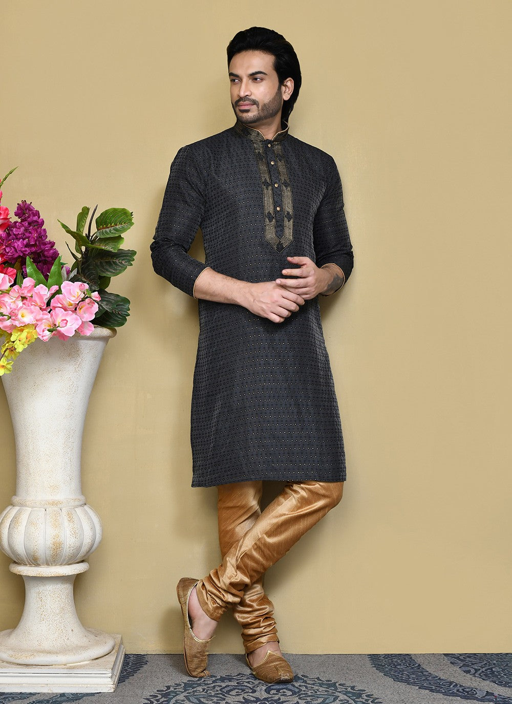 Resham Art Silk Black Kurta Pyjama - M7840