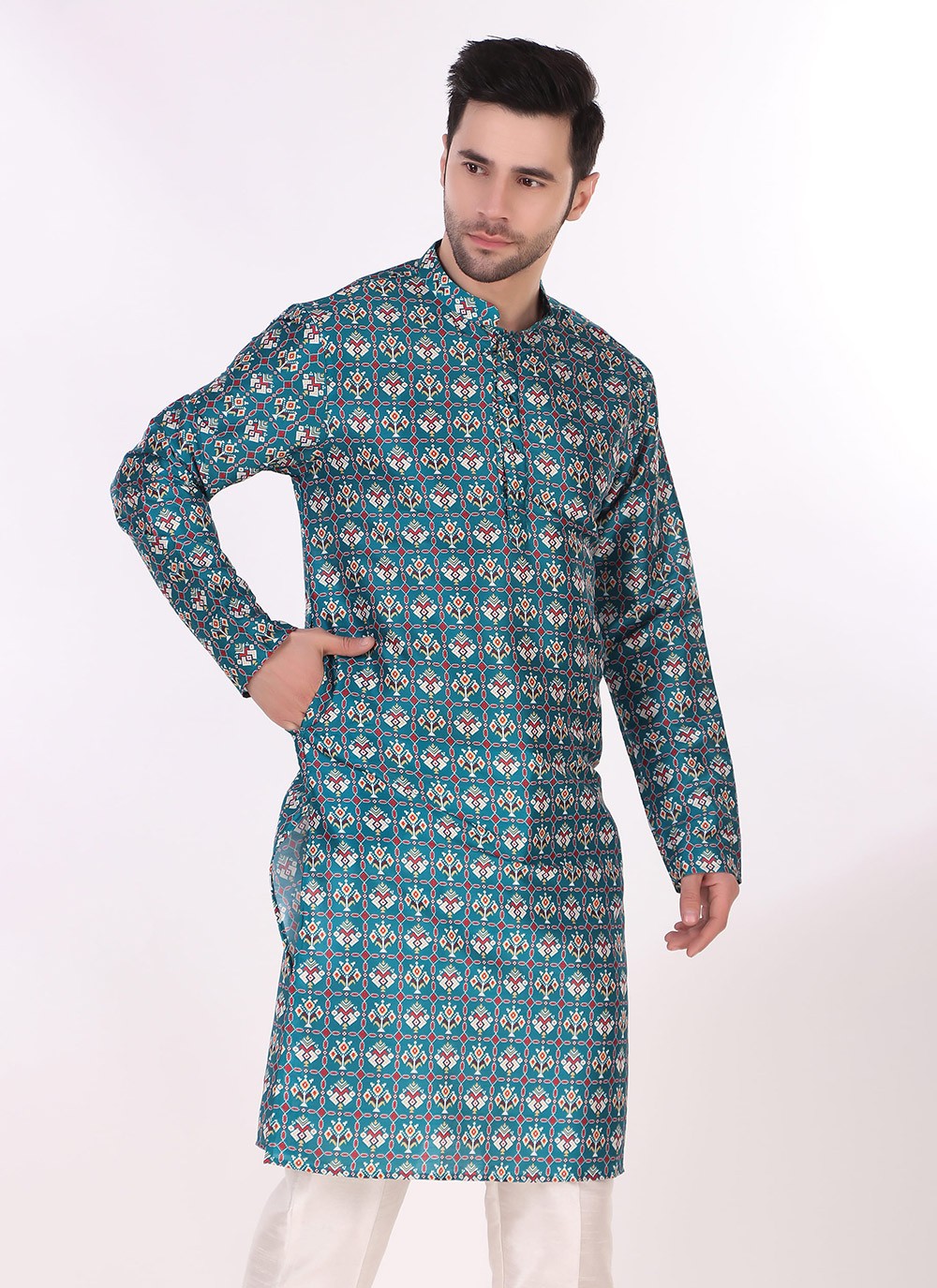 Printed Art Silk Blue Kurta Pyjama - M8271