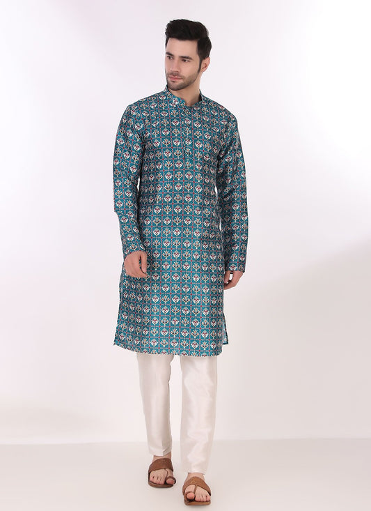 Printed Art Silk Blue Kurta Pyjama - M8271