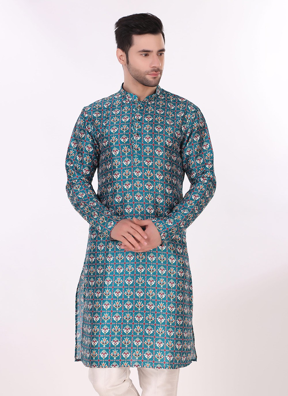 Printed Art Silk Blue Kurta Pyjama - M8271