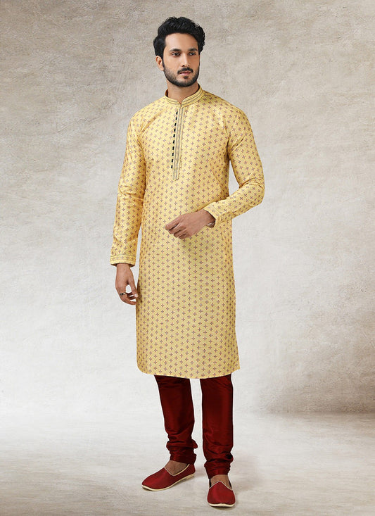 Printed Art Silk Cream Kurta Pyjama - M2858