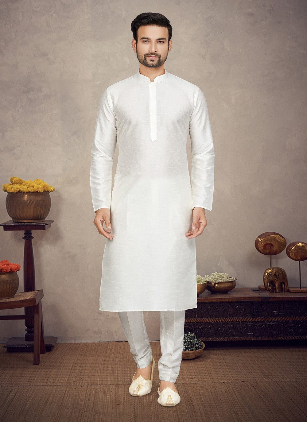 Plain Art Silk Cream Kurta Pyjama - M5857