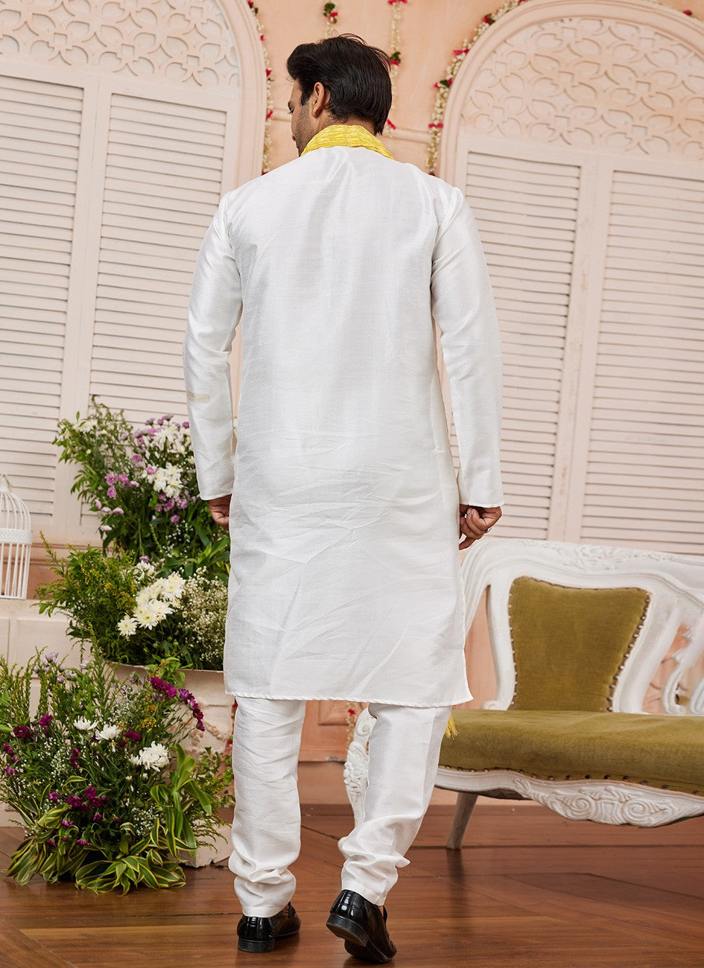 Plain Art Silk Cream Kurta Pyjama - M8734