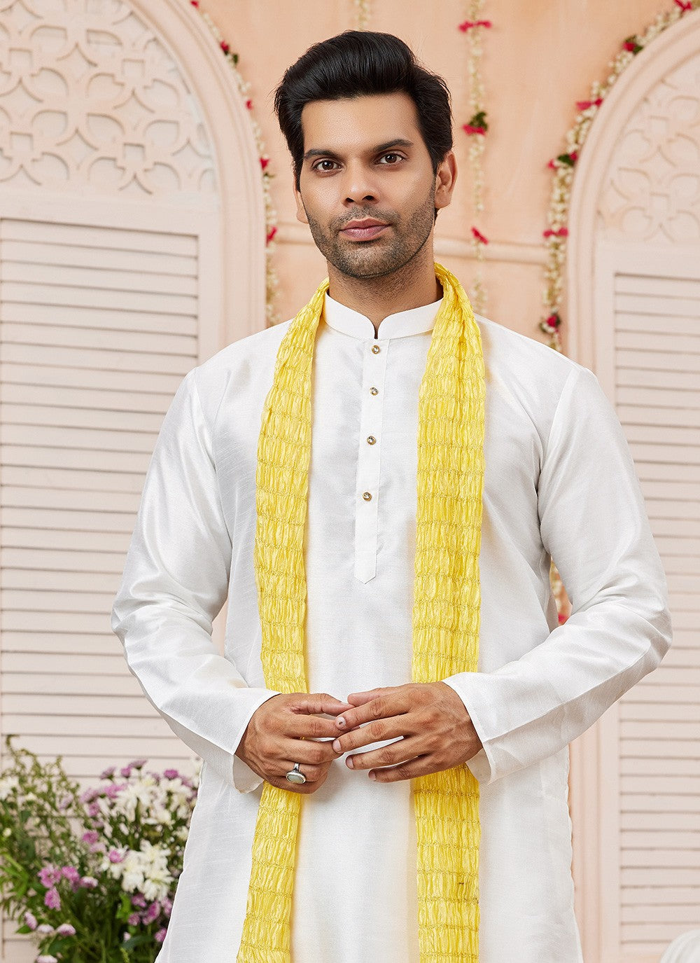 Plain Art Silk Cream Kurta Pyjama - M8734