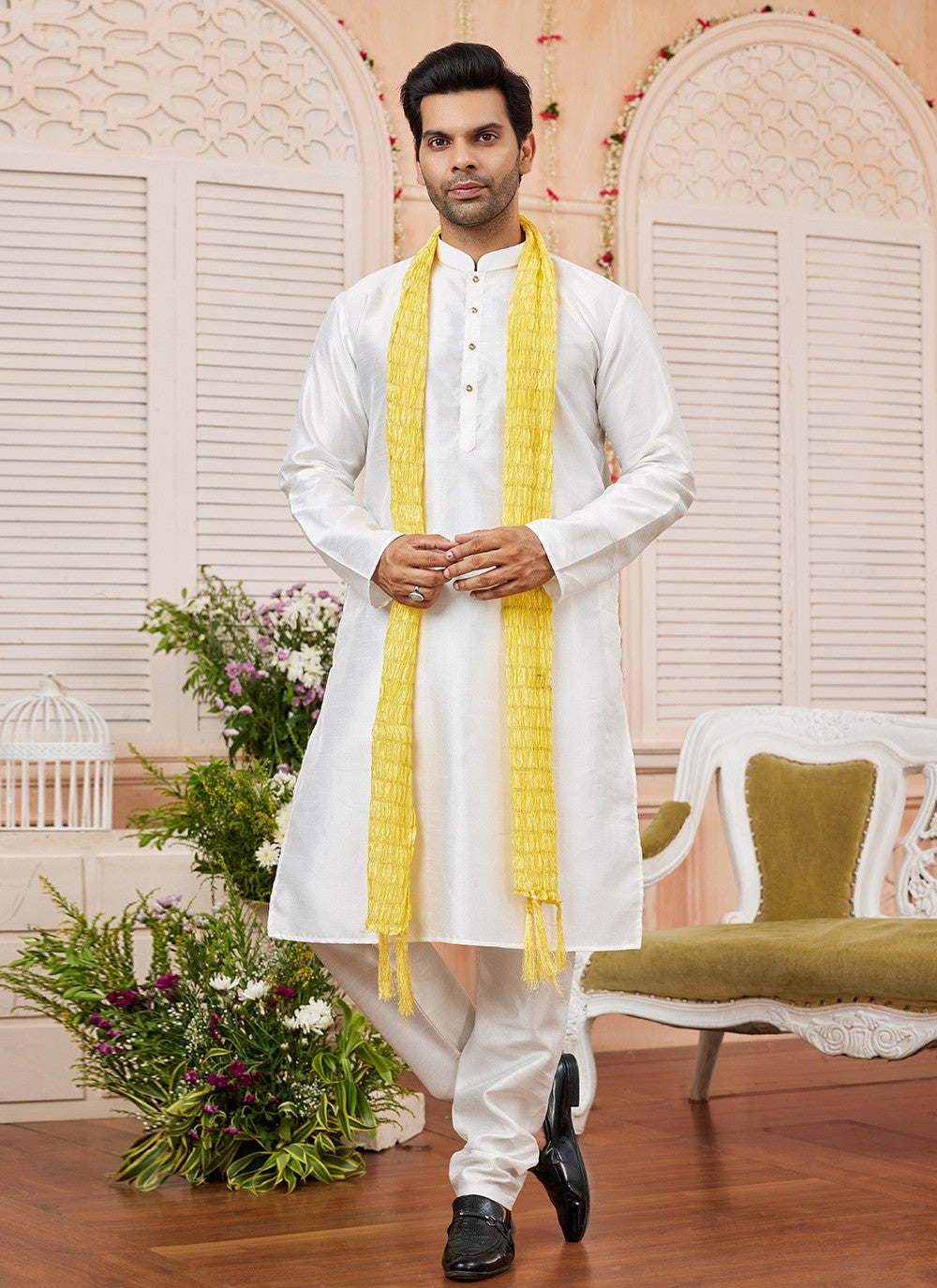 Plain Art Silk Cream Kurta Pyjama - M8734