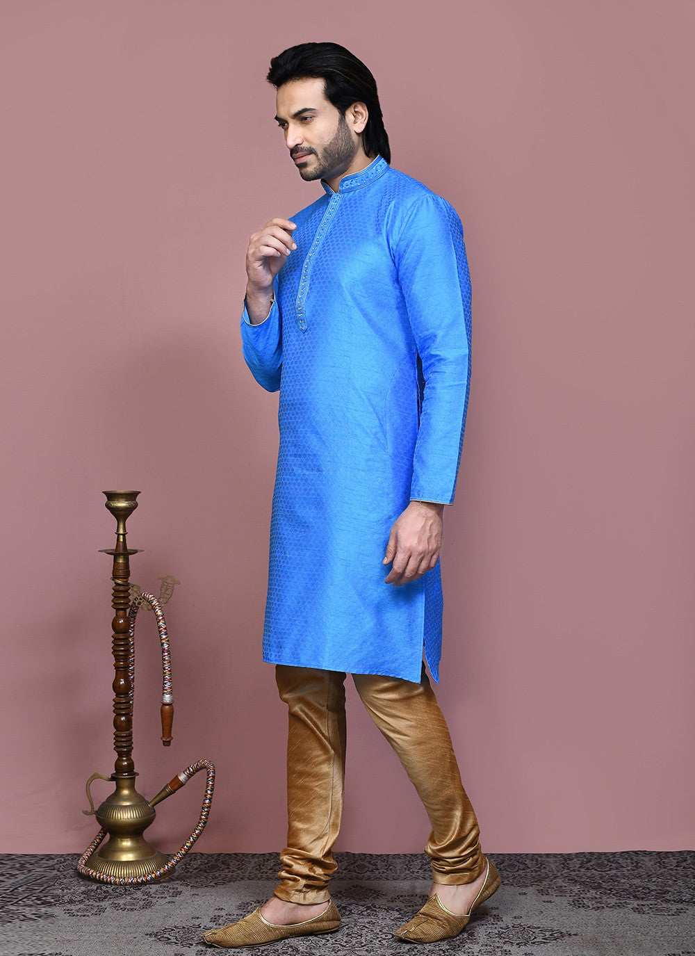 Resham Art Silk Firozi Kurta Pyjama - M7893