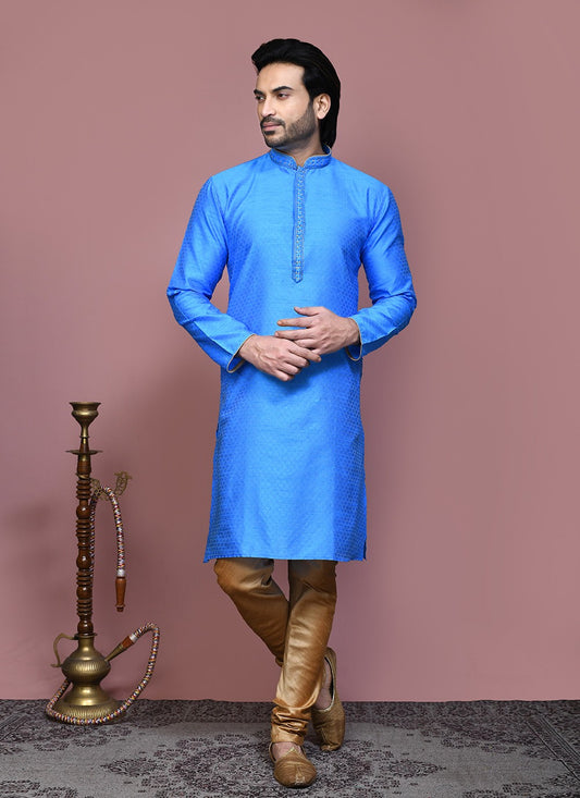 Resham Art Silk Firozi Kurta Pyjama - M7893