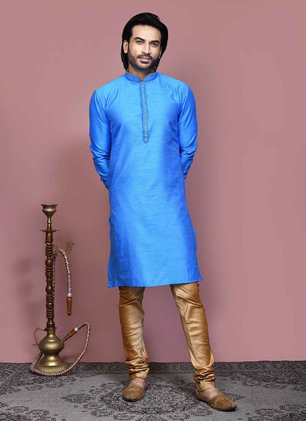 Resham Art Silk Firozi Kurta Pyjama - M7893