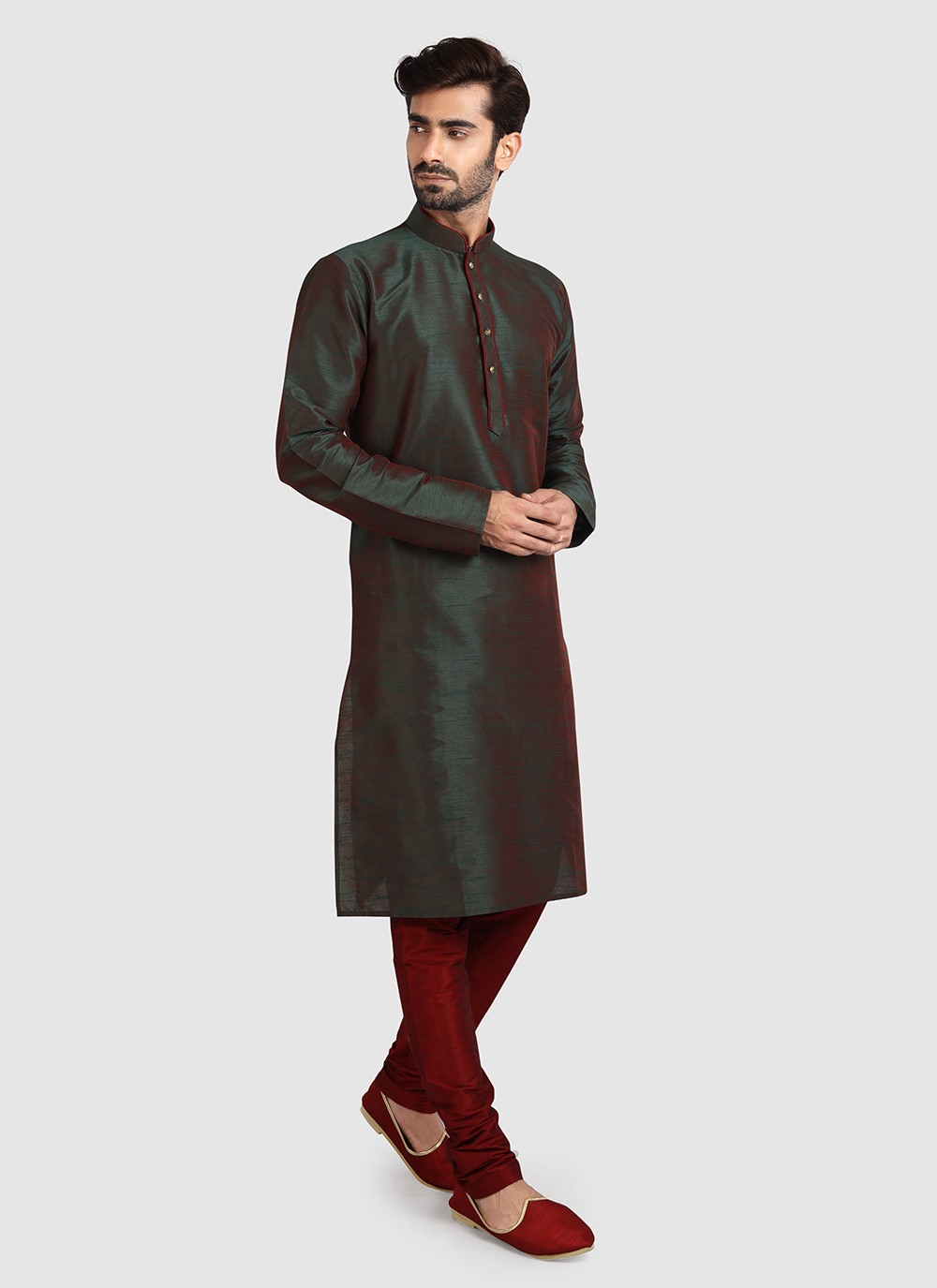 Plain Art Silk Green Kurta Pyjama - M3425