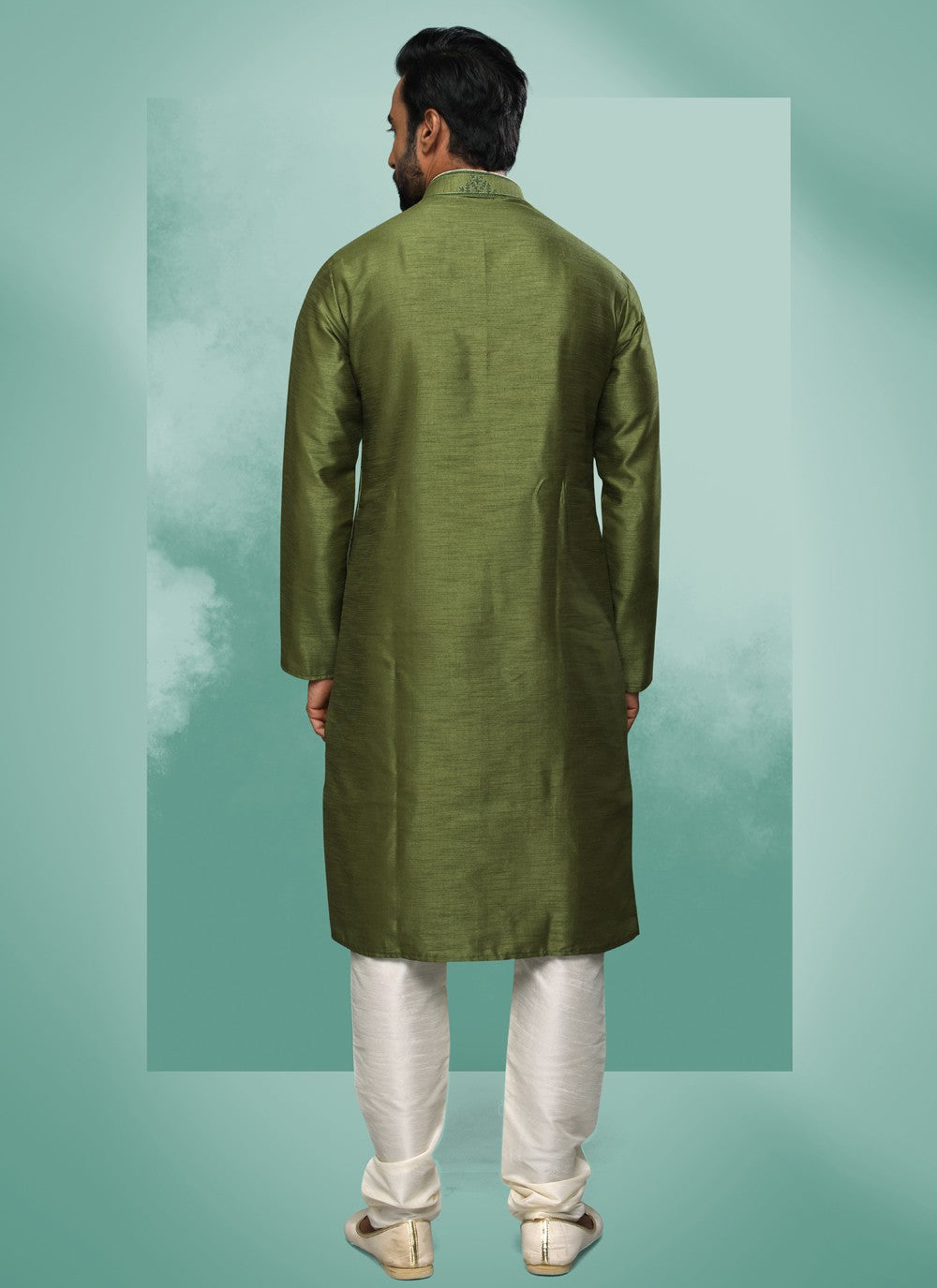 Embroidered Art Silk Green Kurta Pyjama - M4366