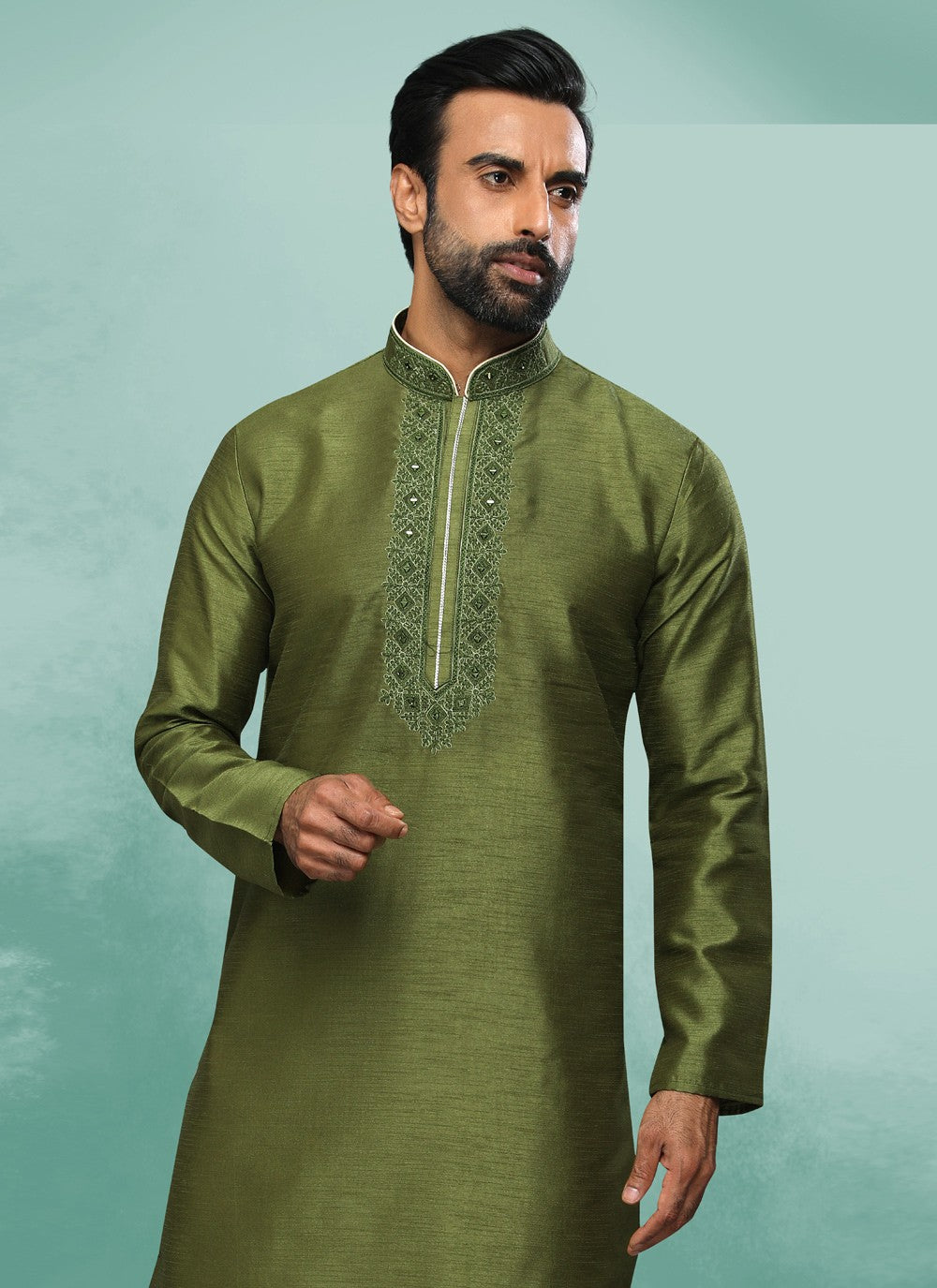 Embroidered Art Silk Green Kurta Pyjama - M4366