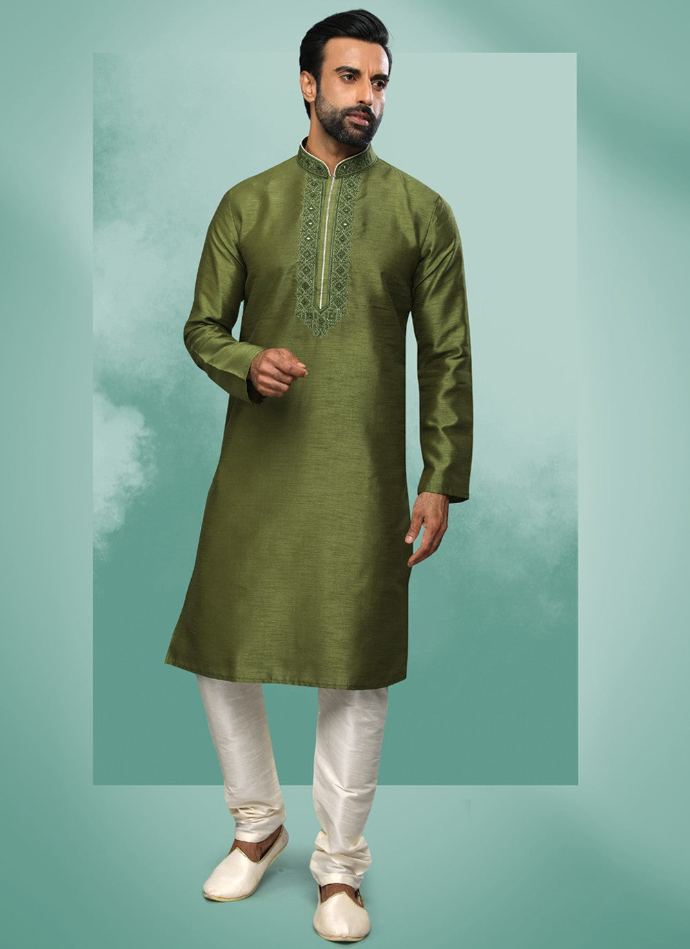 Embroidered Art Silk Green Kurta Pyjama - M4366