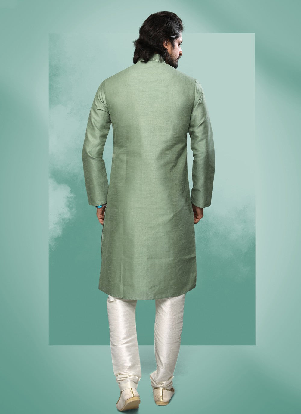 Embroidered Art Silk Green Kurta Pyjama - M4372