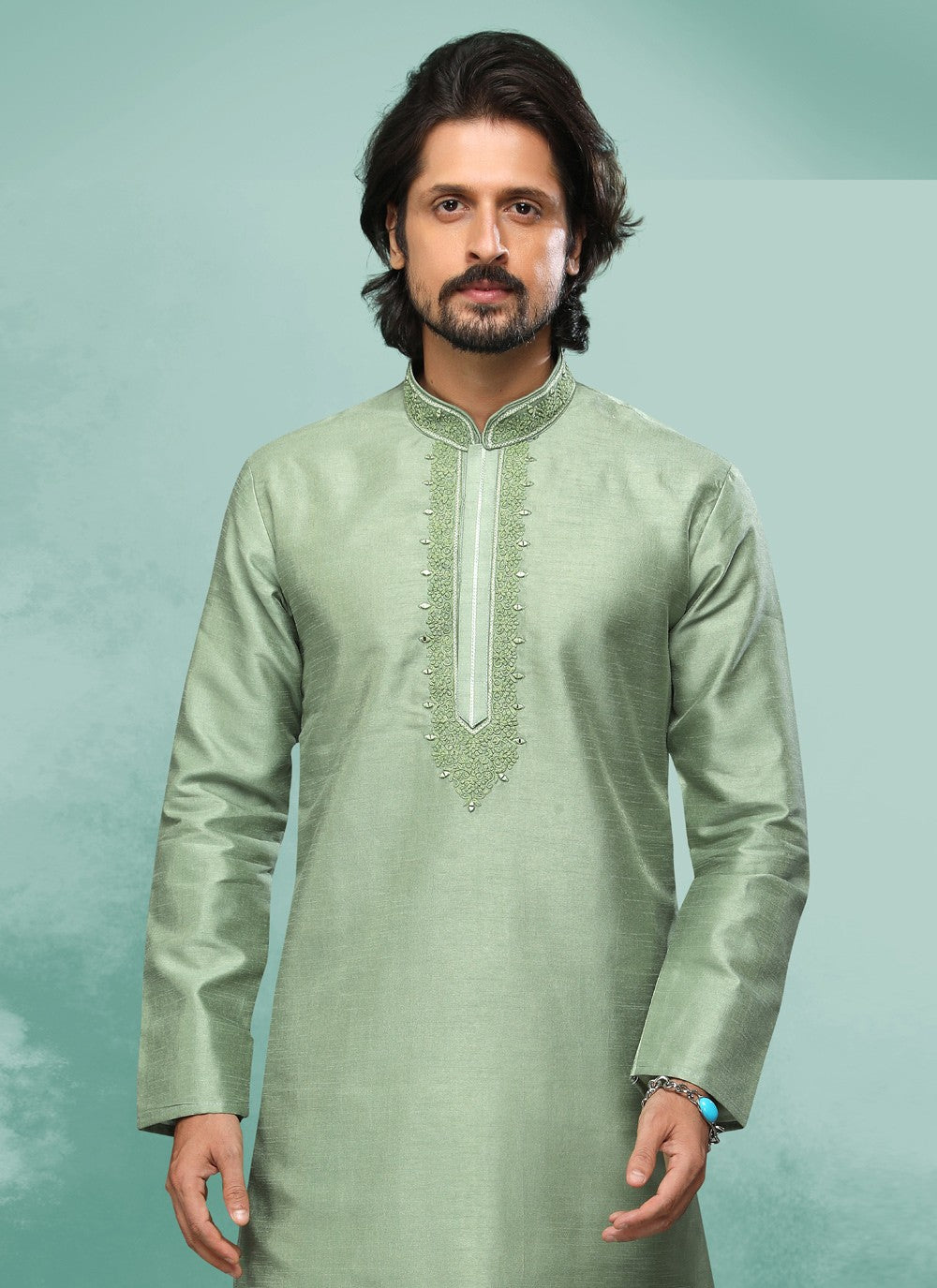 Embroidered Art Silk Green Kurta Pyjama - M4372