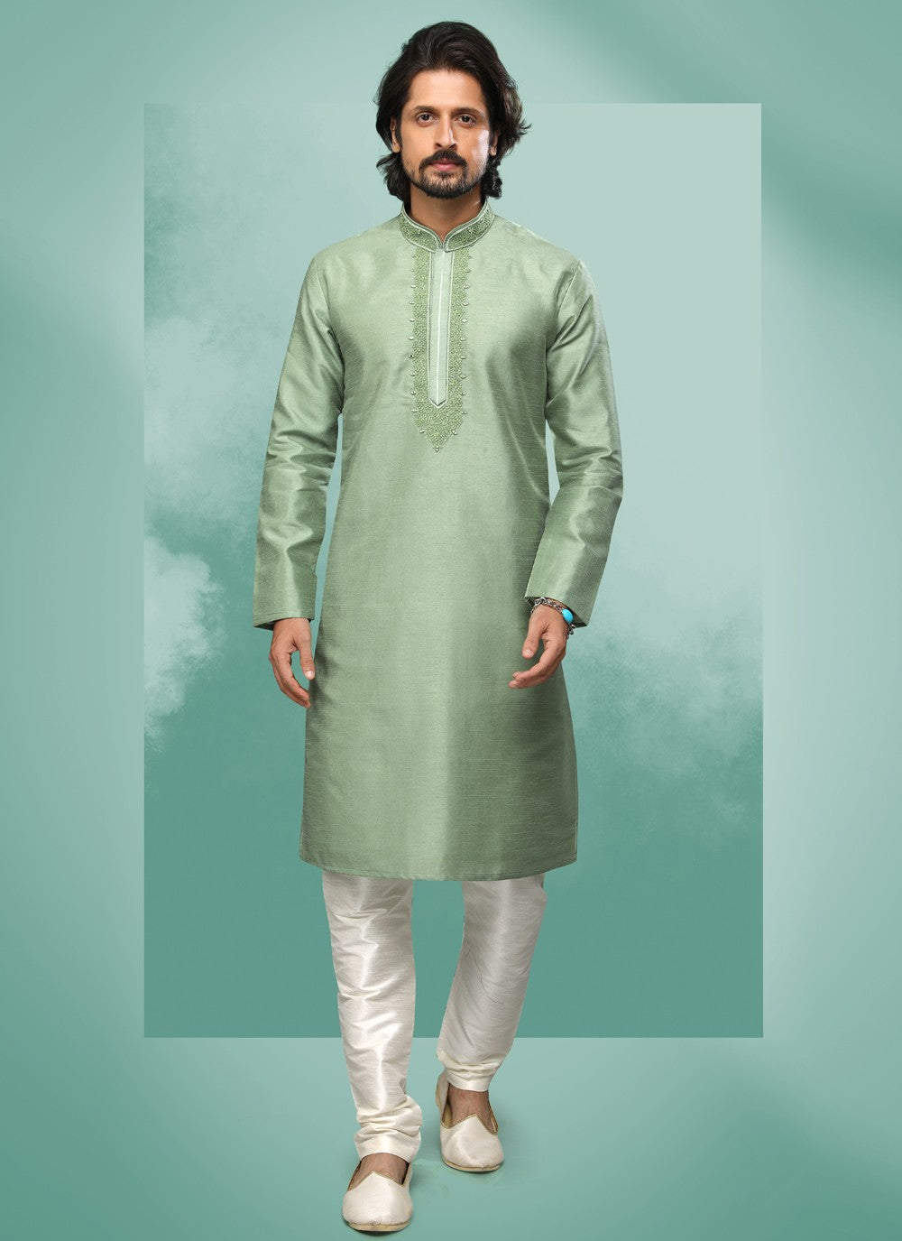 Embroidered Art Silk Green Kurta Pyjama - M4372