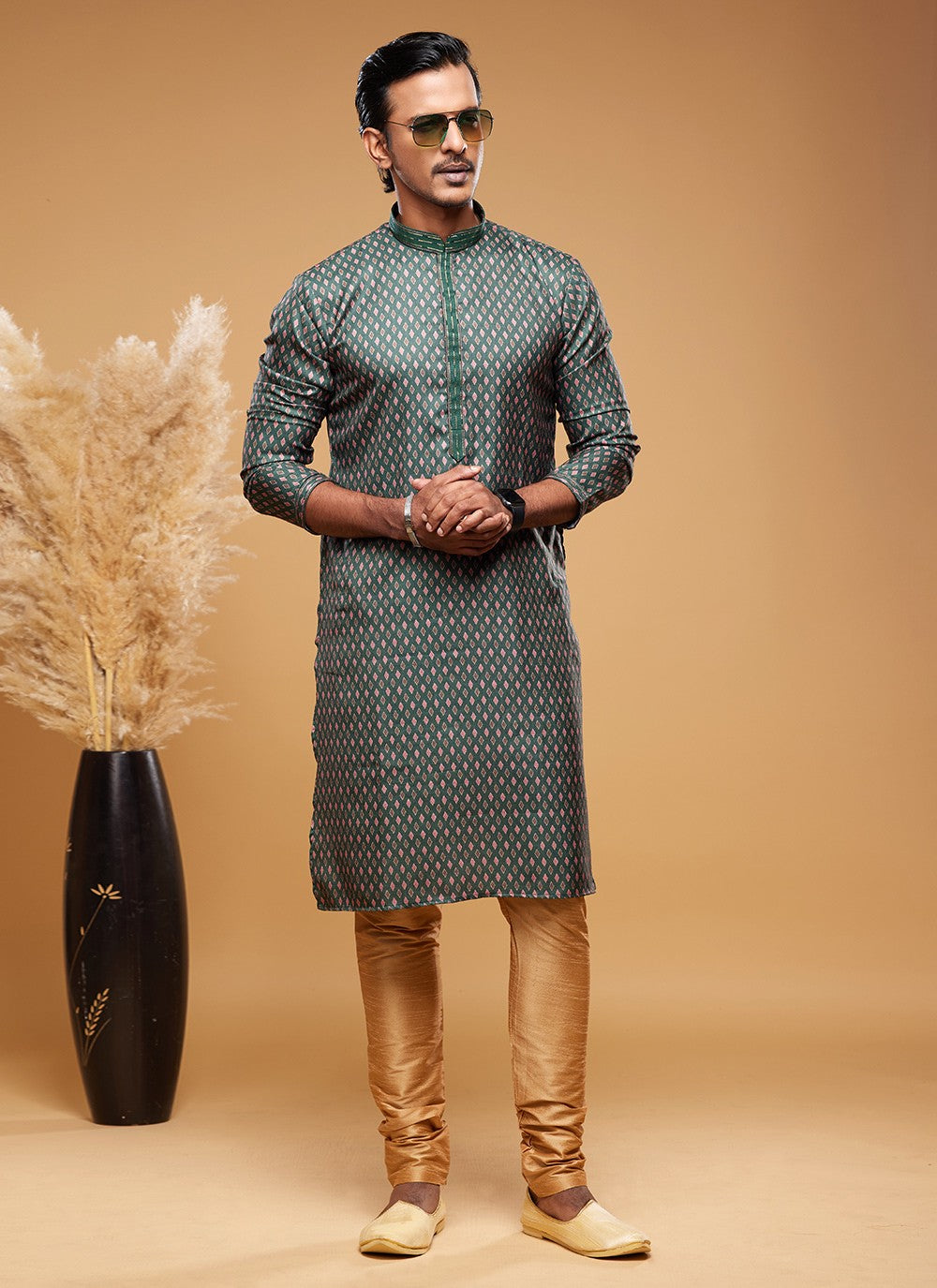 Digital Print Art Silk Green Kurta Pyjama - M6023