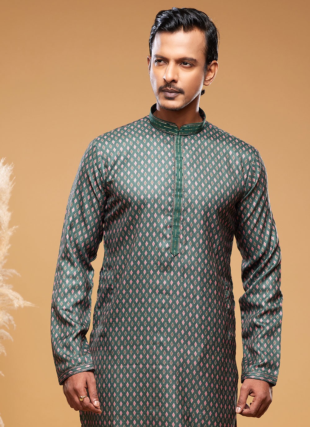 Digital Print Art Silk Green Kurta Pyjama - M6023