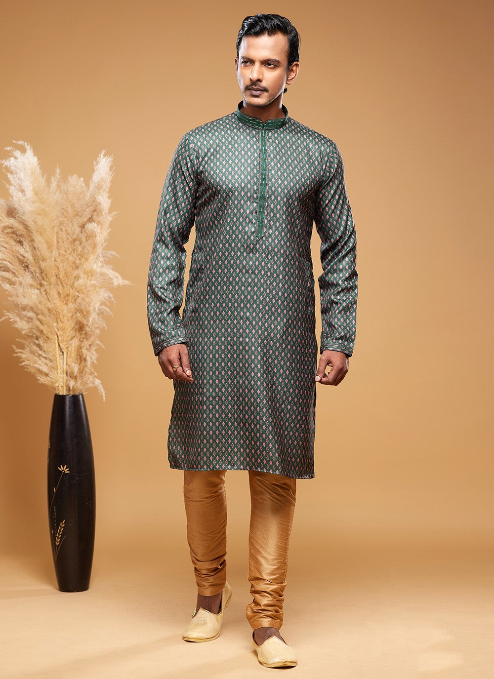 Digital Print Art Silk Green Kurta Pyjama - M6023