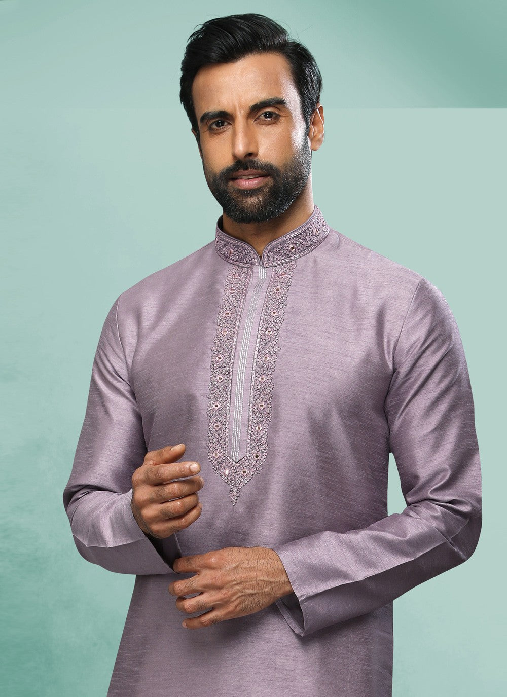 Embroidered Art Silk Lavender Kurta Pyjama - M4362