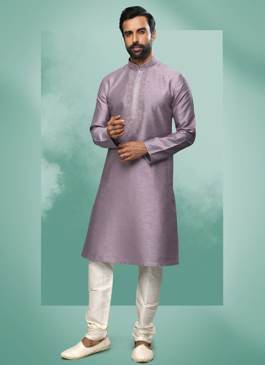 Embroidered Art Silk Lavender Kurta Pyjama - M4362