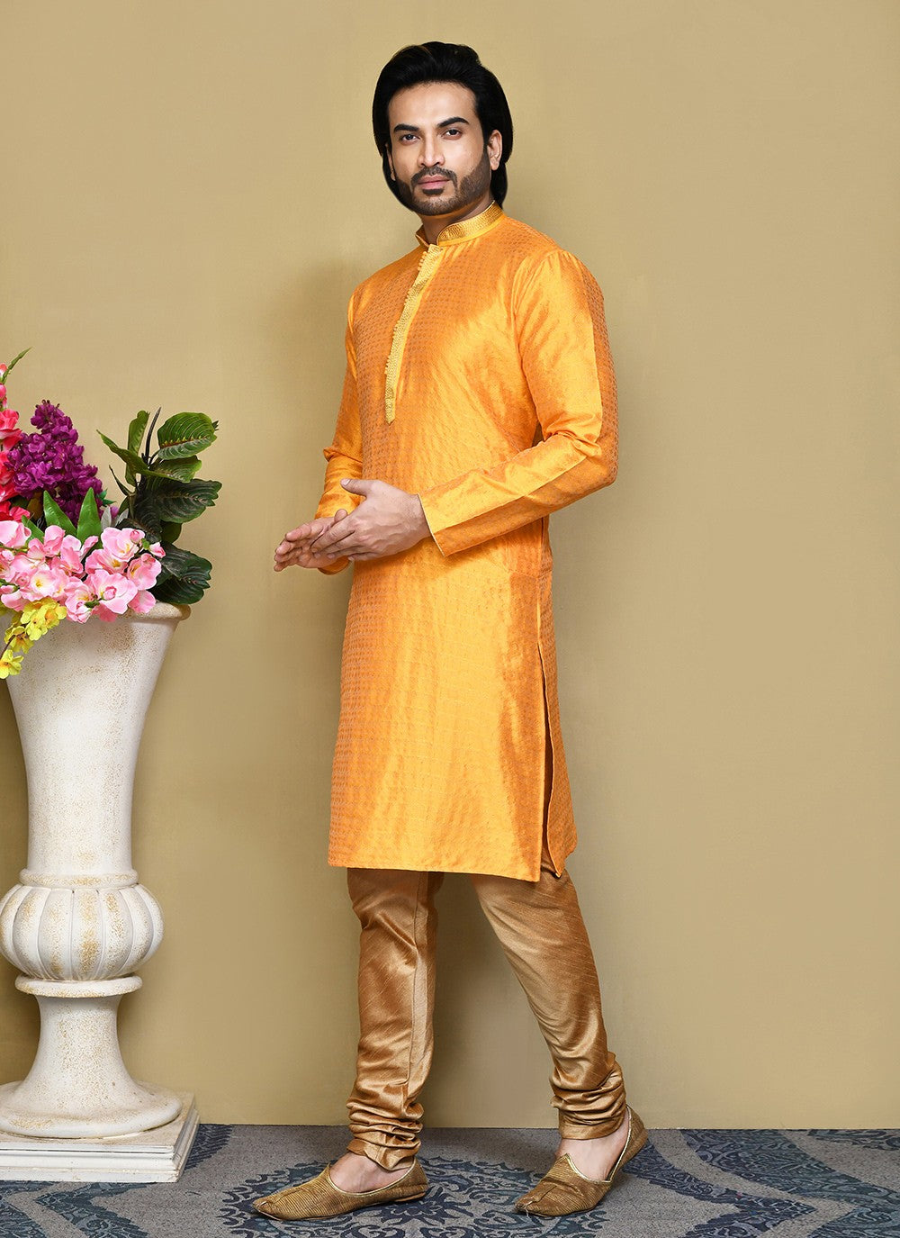 Resham Art Silk Mustard Kurta Pyjama - M7860