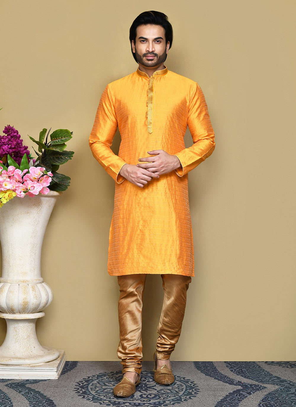 Resham Art Silk Mustard Kurta Pyjama - M7860