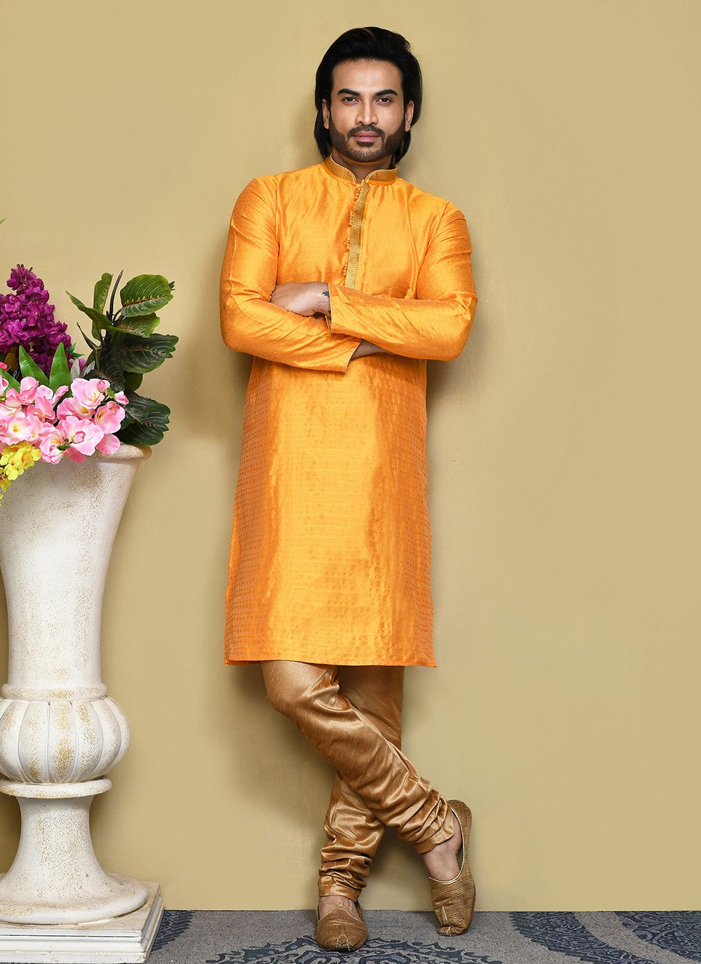 Resham Art Silk Mustard Kurta Pyjama - M7860