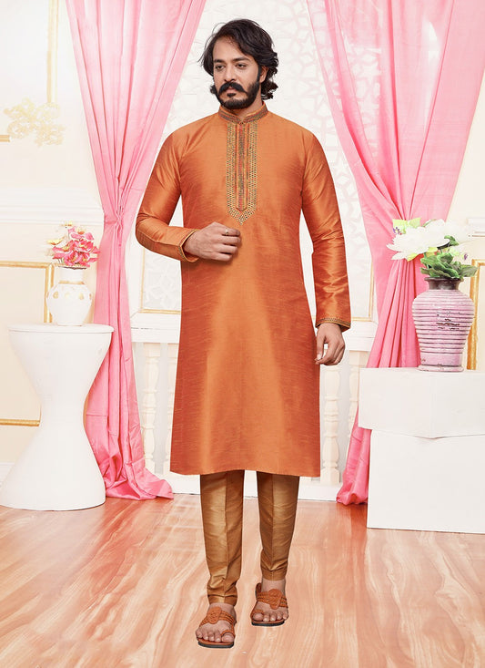 Embroidered Art Silk Orange Kurta Pyjama - M2328