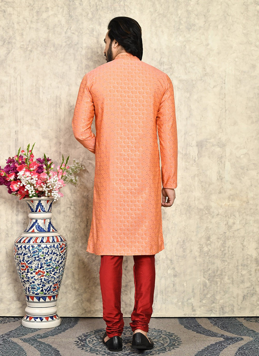 Hand Embroidery Art Silk Peach Kurta Pyjama - M7940