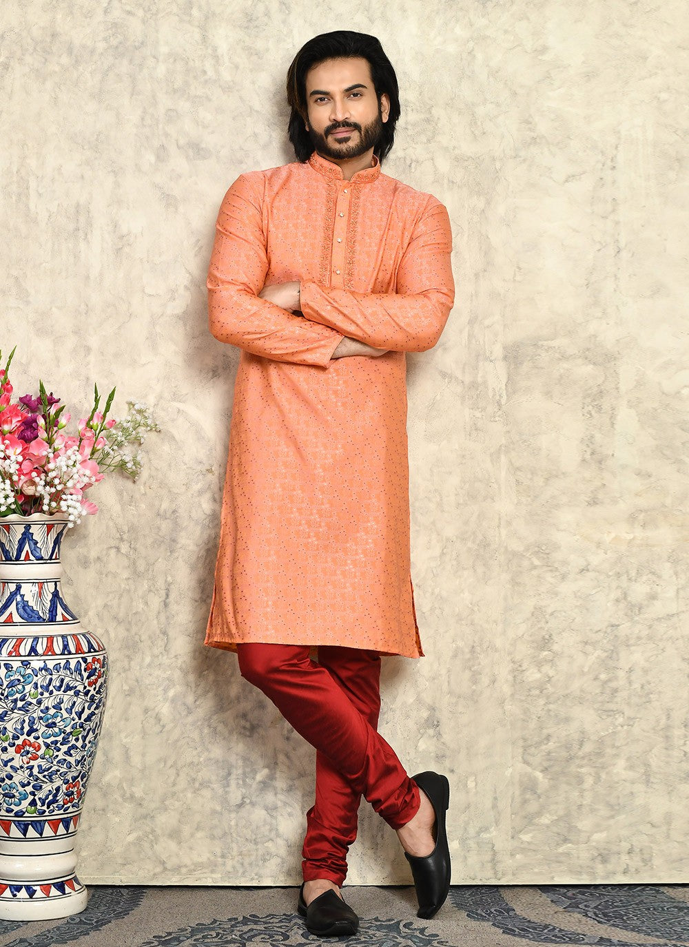 Hand Embroidery Art Silk Peach Kurta Pyjama - M7940