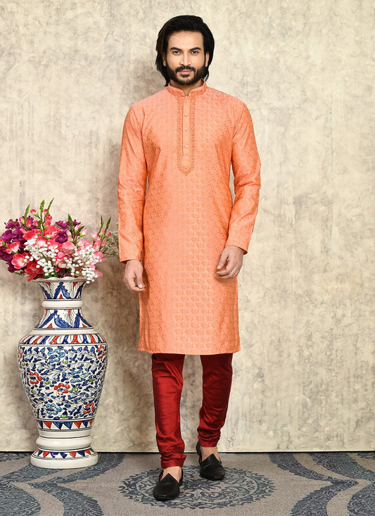 Hand Embroidery Art Silk Peach Kurta Pyjama - M7940