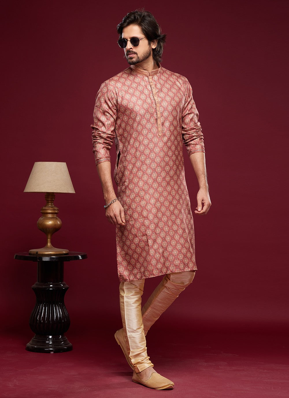 Digital Print Art Silk Pink Kurta Pyjama - M6036