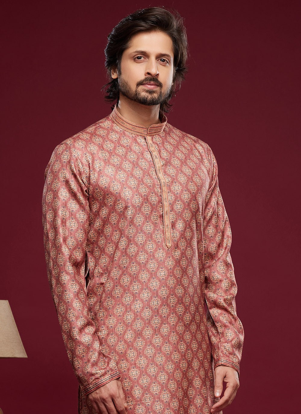 Digital Print Art Silk Pink Kurta Pyjama - M6036