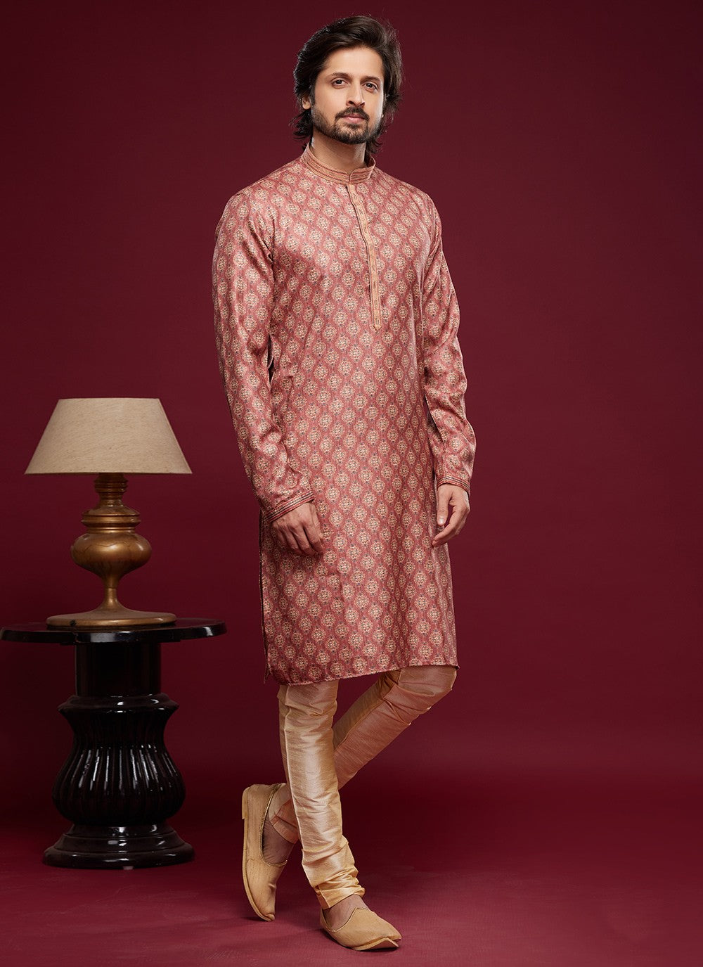 Digital Print Art Silk Pink Kurta Pyjama - M6036