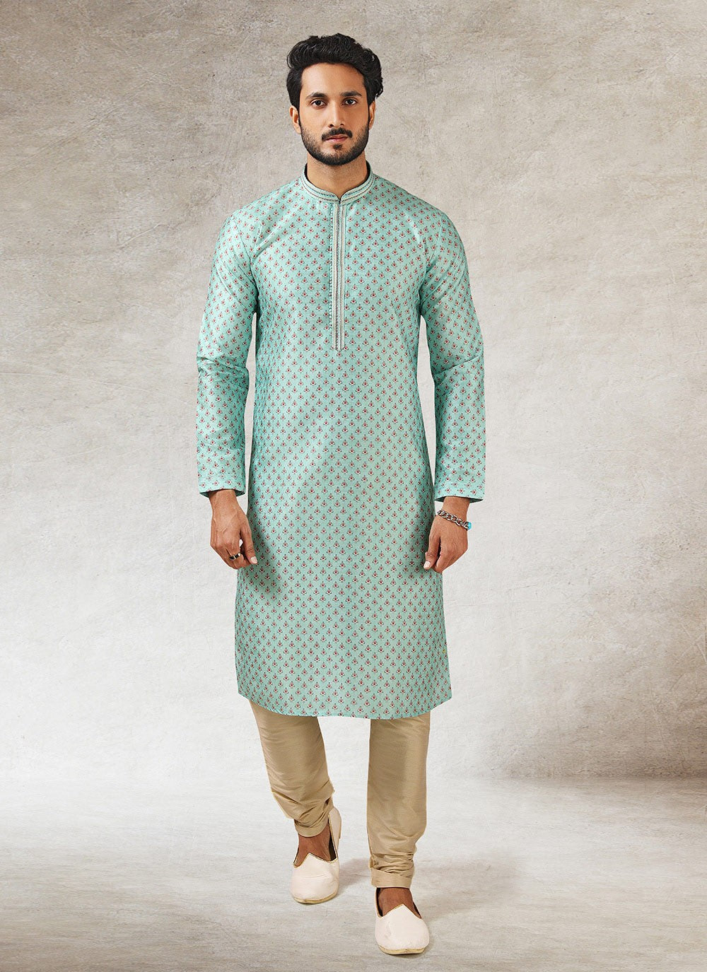 Printed Art Silk Sea Green Kurta Pyjama - M2856