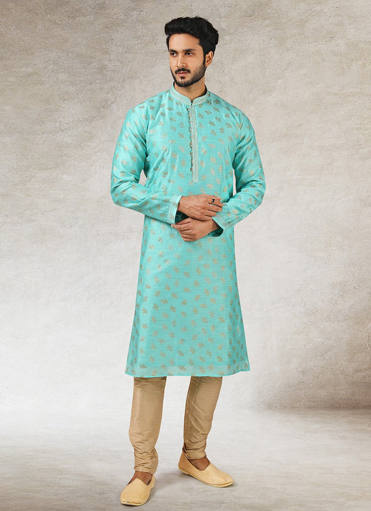 Printed Art Silk Turquoise Kurta Pyjama - M2852